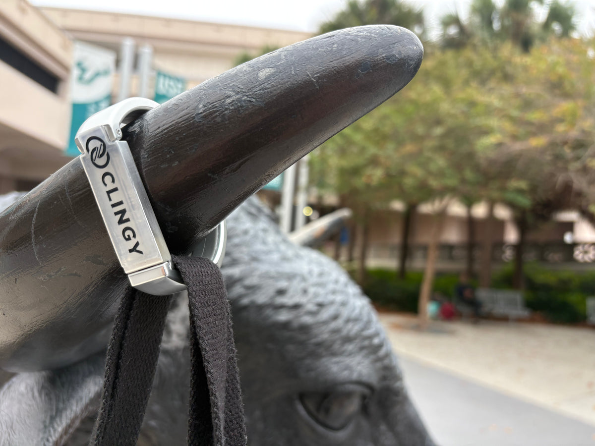 Backpack hung with a Clingy hook on a random surface instead of the ground